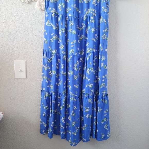 J. Crew Blue Floral Puff Sleeve Tiered Midi Dress Boho Peasant Flowy Beachy L - Picture 7 of 13